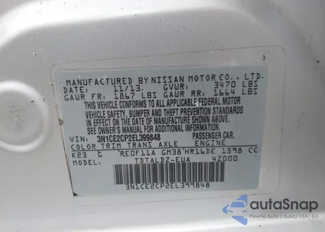 2014 Nissan Versa Note Sv z USA, uszkodzony, nr VIN 3N1CE2CP2EL399848